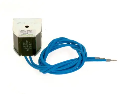 BOSCH Spule mit zwei blauen Anschlusskabeln zur Verwendung mit AC220-240V, 50Hz. Oberfläche zeichnet sich durch eine rechteckige Form aus.